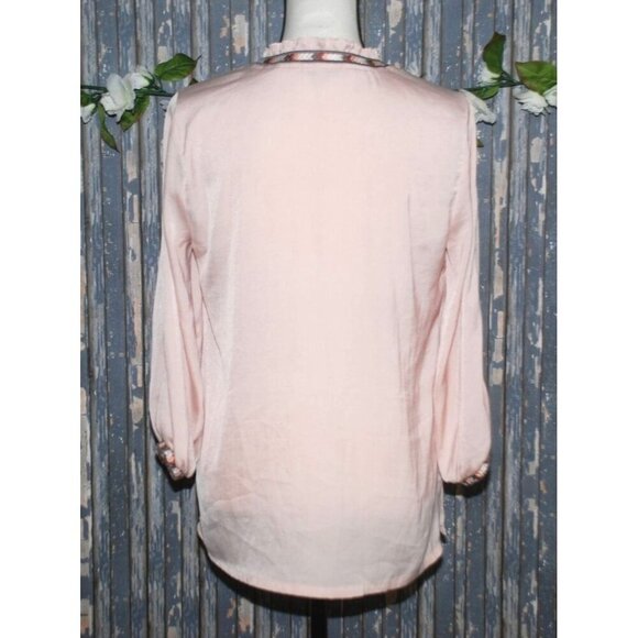 Democracy Pink Blouse Top Size S Embroidered Peek a Boo Long Sleeve Ruffle Colla - Picture 7 of 9